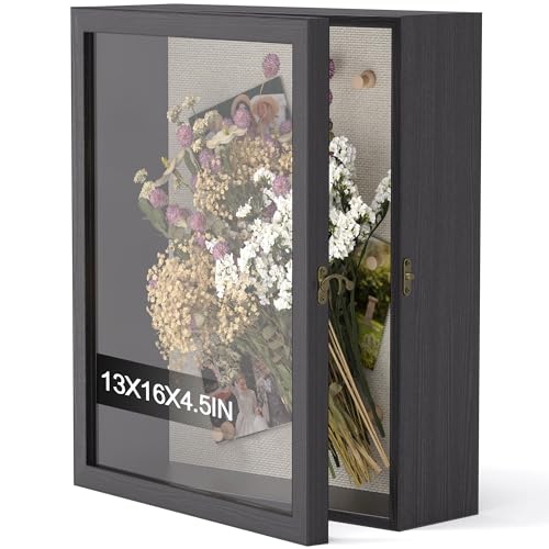 13X16 Shadow Box Frame With Acrylic Glass, Deep Large Shadow Boxes Display Cases For Tabletop And Wall Display, Memory Box For Keepsakes, Shadow Box For Flowers, Black With Linen Back