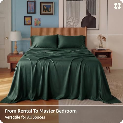 Image of Bedsure Queen Sheet Set, Rayon Derived from Bamboo, Cooling Sheets, PureWoven, Breathable & Soft, Deep Pocket Up to 16 Inches, Hotel Luxury Silky Bedding for Hot Sleepers, Forest Green