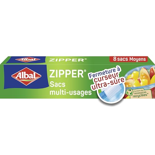 Albal - 8 Sacs multi-usages Zipper - Moyen Modèle 3L - Pour conserver, congeler, ranger ou transporter - Fermeture à curseur - Réutilisable