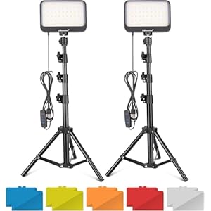 UBeesize LED Video Light Kit, 2Pcs Dimmable Continuous Portable Photography Lighting with Adjustable Tripod Stand & 5 Color Filters for Tabletop/Low-Angle Shooting, for Zoom, Game Streaming, YouTube