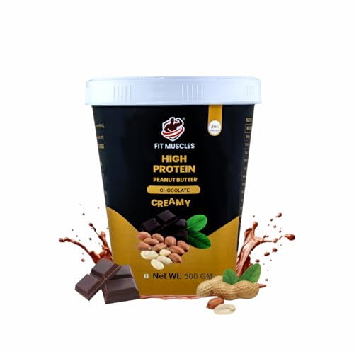 Image of Fit Muscles High Protein Chocolate Creamy Peanut Butter 500g, 36g Protein, Smooth Peanut Spread, Rich Chocolate Flavour, No Palm Oil, No Artificial Flavour, Healthy Breakfast & Gym Diet Food