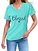 Blessed Shirts Women Cute Heart Graphic Tee V-Neck Short Sleeve Thankful T Shirt Casual Christian Religious Faith Top Sky Blue