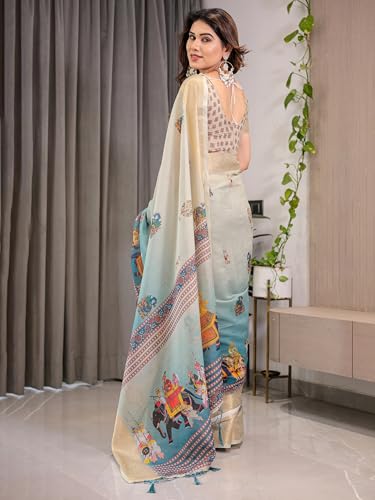 Image of ALMAARI FASHION Handloom Cotton Saree, Beige and Turquoise with Traditional Prints, Silver Zari Border, 5.5 Metre with Blouse Piece