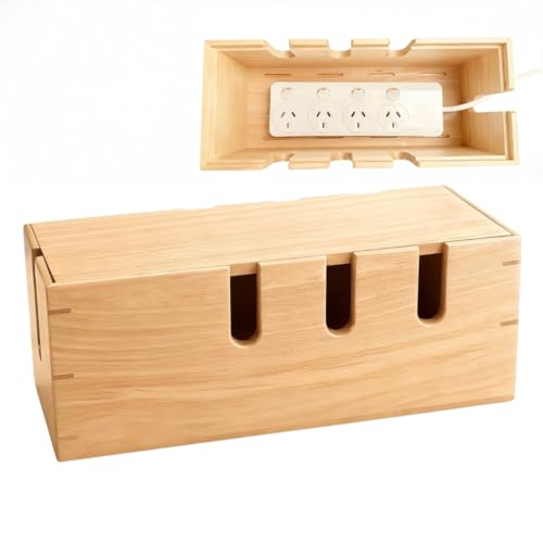 Kitsphere Small Wooden Cable Management Box – 31 x 12 x 13 cm Cords Organiser for Power Board & Surge Protectors – Wire Organizer Box for Desk, TV Unit & Computer Desk (Natural)