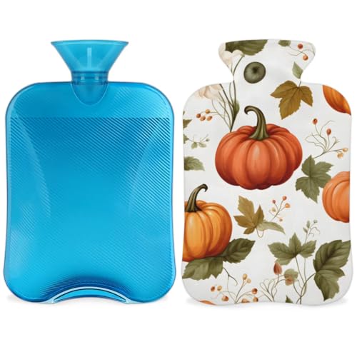 Hot Water Bottle with Soft Cover,2L Graffiti Pumpkin Hot Water Bag for Hot and Cold Compress, Hand Feet Warmer, Glitter Pumpkin Rubber Hot or Cold Water Bottle Halloween Christmas Decorations