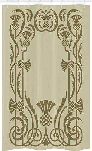 ABAKUHAUS Jugendstil Schmaler Duschvorhang, Botanischer Exotic, Badezimmer Deko Set aus Stoff mit Haken, 120 x 180 cm, Weises Grün Sepia