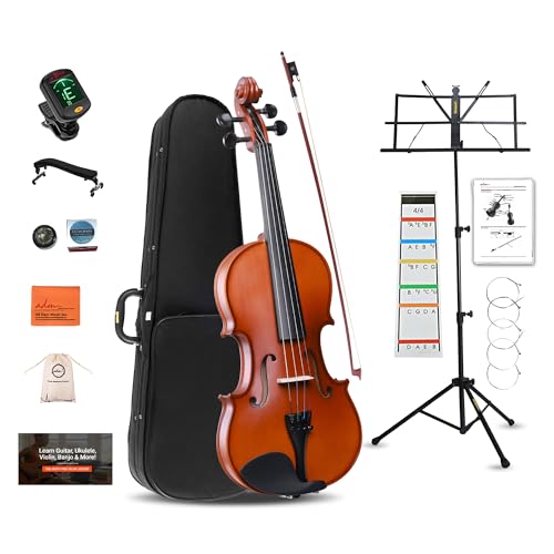 ADM Acoustic Violin for Beginner 4/4 Full Size Violin Set Solid Wood Ebony for Adult Teen Student Starter Kit with Hard Case, Rosin, Shoulder Rest, Bow, Music Stand, Strings, Free Lessons, Matte Brown