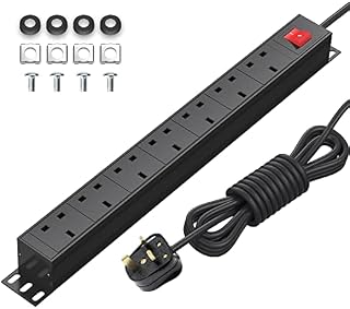 Extension Lead 7 Way Power Strip with Switch, Multi Plug Socket Horizontal 13amp PDU Power Distribution Unit, Rack Mount Power Outlets Wall Mount Power Strip 2500W/13A, 1.8M Power Cable