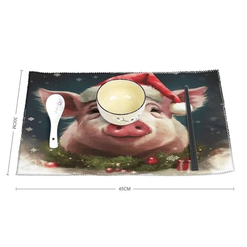 Sets de table carrés en toile imprimé cochon de Noël lavables - 3
