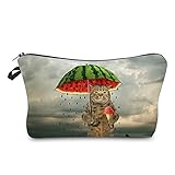 Cosmetic Bags for Women Small Funny Cat Holding Watermelon Umbrella Ice Cream Makeup Bag for Purse Travel Toiletry Bag Accessories Organizer Zipper Pouch Gift Idea