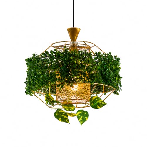 Image of with Bulb Golden MetalCage with Artificial Planter Shaped Pendant Lamp | Hanging Lamp for Living Room| Ceiling Lamp for Bedroom, Kitchen, Balcony, Restaurant /Cafe, for Home Decor
