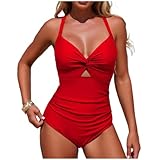 Women's One Piece 2026 Tummy Control Swimsuits Fashion Swimwear Halter Push Up V Neck Slimming Bathing Suit Red