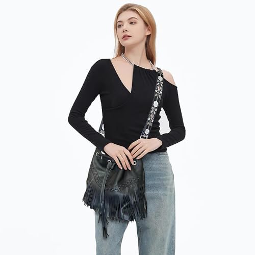 Image of Sunwel Fashion Women Bucket Fringe Hobo Bag Western Purse Vegan Leather Tassel Hippie Shoulder Crossbody Bag