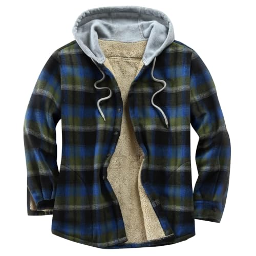 Image of Men's Cotton Plaid Shirt Jacket Fleece Flannel Sherpa Button Down