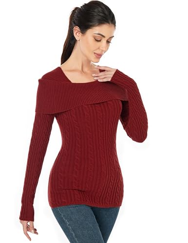 AmélieBoutik Women Off Shoulder Sweater Long Sleeve Cable Knit Fitted Pullover Sweater Tops