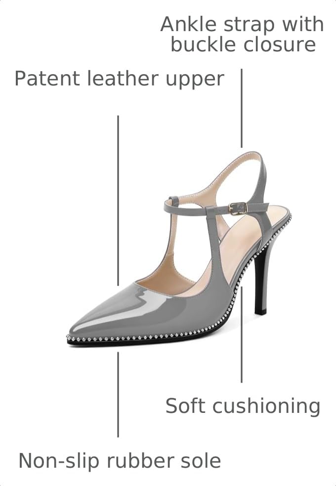 Image of SAMMITOP Womens High Heels Ankle Strap Pointed Toe Stilettos Patent Leather Beaded Pumps Dress Shoes 3.5 Inch