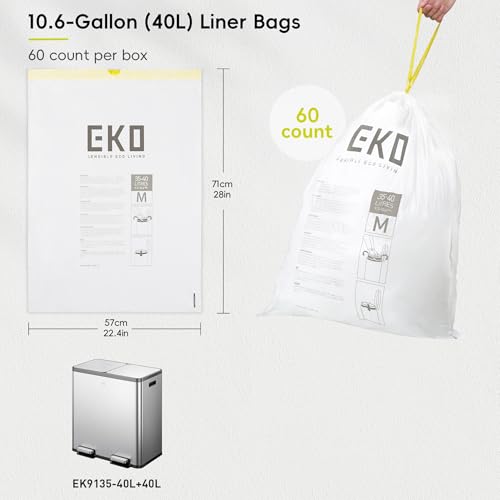 Image of EKO 10.6 Gallon / 35-40 Liter Drawstring Trash Bags, 60 Count Heavy-Duty Tall Kitchen Garbage Can Liners, Extra-Strong Leak-Resistant, Unscented, White, Code M