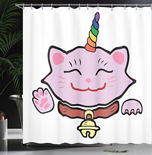 ABAKUHAUS Unicorn Cat Shower Curtain, Pink Maneki Neko of Happiness Luck Success Love Culture Cartoon - Image 3