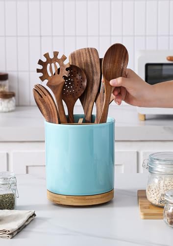 Image of LoeJan 3 Compartment Utensil Holder, Extra Large Utensil Crock, Stable Ceramic Utensil Organizer, Cooking Tool Organizer Set for Kitchen Counter Farmhouse Decor, Turquoise