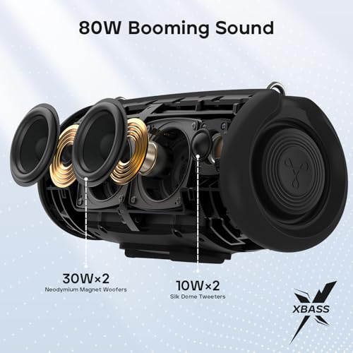 Tribit StormBox Lava Portable Bluetooth Speaker, 80W Loud Wireless Speaker, 24H Playtime, IP67 Waterproof, Bluetooth 5.4, Custom EQ, XBass, Built-in Mic, TWS Pairing for Camping/Beach/Party/Outdoor view 2