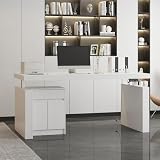 FUNISIR Electric Standing Desk, 29.5"-44.1" Height Adjustable Computer Desk with Drawer and Storage Cabinet, Memory Study Writing Gaming Table for Home Office, White