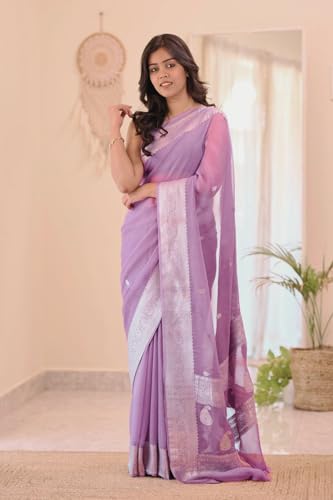 Image of Women's Cotton Woven Soft Sarees With Attach Blouse Piece.