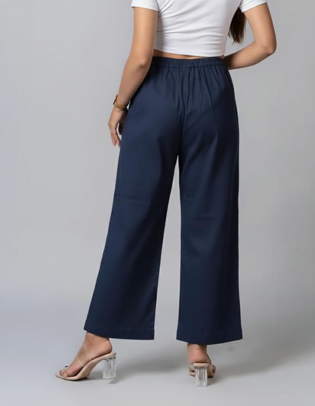 Image of Moirai Pure Cotton Wide Leg Women Trouser Stylish Mid Rise Relaxed Straight Fit Loose Pants Casual Travel Office Formal Wear