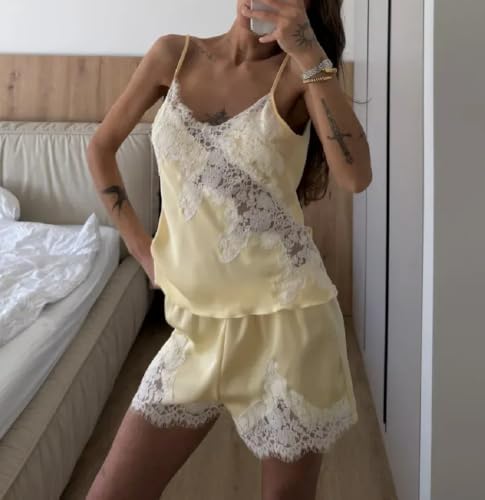 Image of Women Lace Trim Coquette Shorts Set Silk Satin 2Pcs Pajama Set Sleepwear