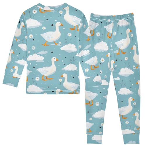 Cartoon Pajamas Set White Duck Pattern Teal Long Sleeve PJs Cotton Jammies Sleepwear Top and Pants2