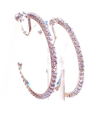 Clip-on Earrings Silver Tone Crystal Hoop Earrings 2 Inch, No Color, Size small