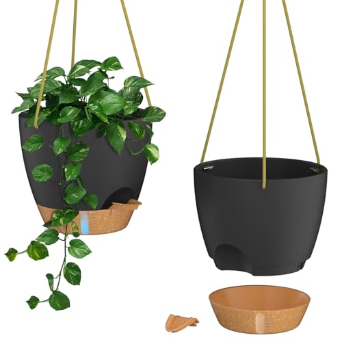 ZMTECH 20cm Blumenampel Hängend Blumentopf Hängeampel Kunststoff Hängeampel für Pflanzen Für Innen Außen Zimmer, Decken, Balkon Und Garten(Set of 2, Schwarz)
