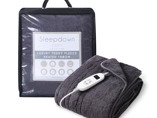 Sleepdown Teddy Fleece Electric Blanket Energy Efficient Temperature Controller Auto Shut Off Overheat Protection Soft Quilt -Charcoal - 130cm x 160cm