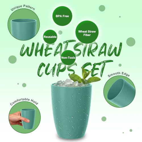 Image of Wheat Straw Plastic Cups Set 6 PCS, 12 OZ Kitchen Cups Set, Green | Unbreakable Plastic Cups, Dishwasher Safe Kids Drinking Cups for Indoor and Outdoor Use