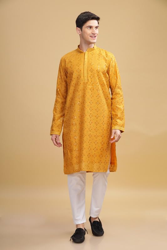 Be Active Men's Cotton Regular Kurta (Sk0801-Kr_Mehndi Yellow