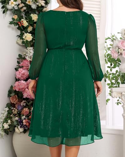 Image of Talisea Plus Size Cocktail Dress - Formal Wedding Guest Fall Long Sleeve A Line Pleated V Neck Midi Dresses for Curvy Women