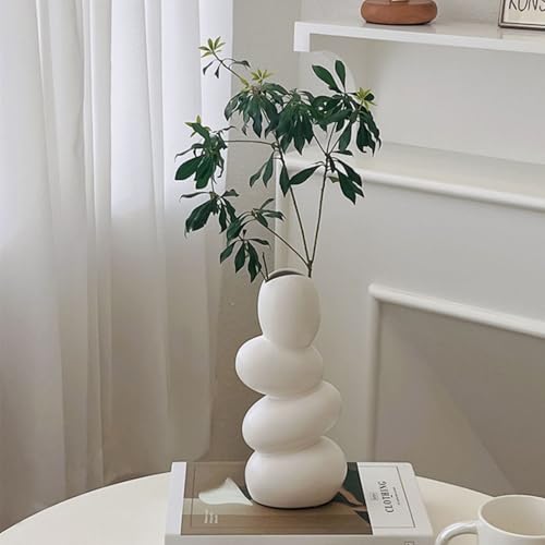 PUREZENTO 'Pebble Stack' White Ceramic Donut Vase 8 Inch - Pack of 1 | Decorative Modern Vase for Dried Flowers & Pampas Grass | Vases for Modern Home Decor, Living Room, Office Decor Ideas