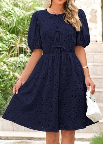 KIRUNDO Eyelet Summer Dresses for Women 2025 Short Sleeve Tie Front Babydoll A Line Wedding Guest Beach Vacation Sundress4