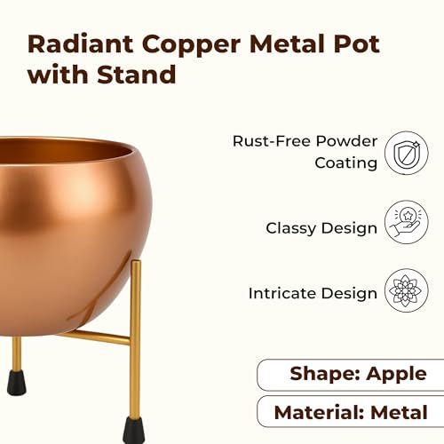 Image of NATURAL EARTH Copper Metal Flower Pot & Stand with Free 1 KG Organic Vermicompost Fertilizer | Decorative Indoor Outdoor Plant Pot | Copper Finish Planter for Home Garden Decor