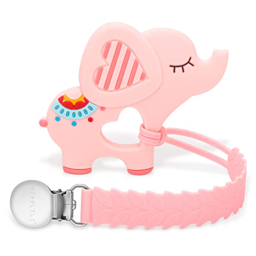 Image of MISSLILI Teething Toys for Babies 0-6 6-12 Months Baby Teethers with Clip Silicone Baby Teether Toys for Boys and Girls Infant Teething Relief for Teething Elephant Shape, Pink