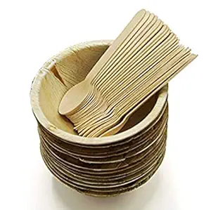 Crazy Sutra Eco-Friendly Disposable Cutlery - Combo of Round Areca Palm Leaf Bowls-4 Inch (25pc) & Wooden Spoon (25pc) for Parties, Birthdays,Travel Great for Parties, Bbqs,Picnics and Events