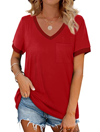 Womens Tshirts V Neck Short Sleeve Tops Loose Casual Basic Tee Shirts Red Xl #TOP12