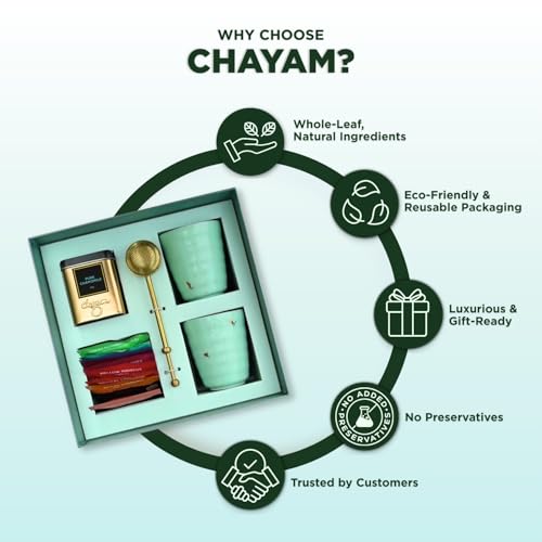 Image of CHAYAM Assorted Gift Box Hamper with Cup & Brass Infuser |10 Tea Bags, Chamomile Herbal, 2 Premium Kulhad Cups | Wellness Tea Gift Set for Tea Lovers | Indian Gift for Foreigners