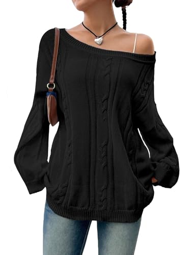 SKAYS Oversized Fall Sweaters for Women, Oversized Cable Knit Sweater Off Shoulder, Solid Color Crew Neck Sweater