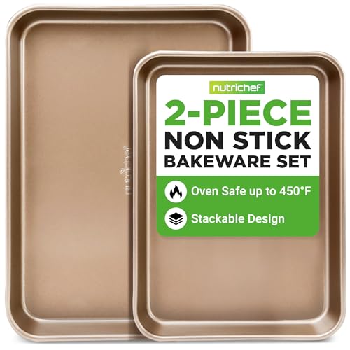 NutriChef NC2TRBK1 Nonstick Cookie Sheet Pan | 2pc Large and Medium Metal Baking Tray Professional Quality Kitchen | Non-Stick Bake Trays, Guaranteed NOT to Wrap-- PTFE/PFOA/APEO-Free approved, champagne gold, l :15.7’’ x 11.0’ - s: 13.4’’ x 9.6’