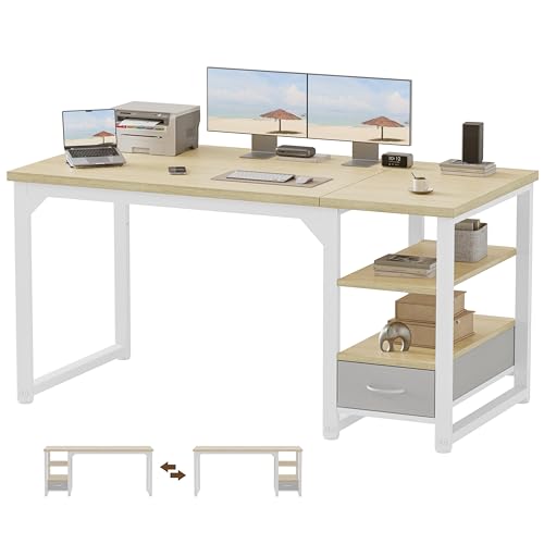 Image of Mericonia 54 in Computer Desk with Drawer, 1 inch Thick Reversible Office Desk | Large Modern Writing Table with Storage Shelves, Heavy Duty Industrial Executive Desk for Home Bedroom Study Work