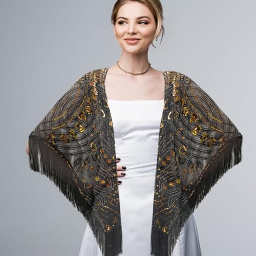 1920s Sequin Beaded Shawl Wraps, Sequin Cloak Retro Cloak Party Banquet Carnival Dance Supply Wrap, Fringed Evening Cape Scar 5