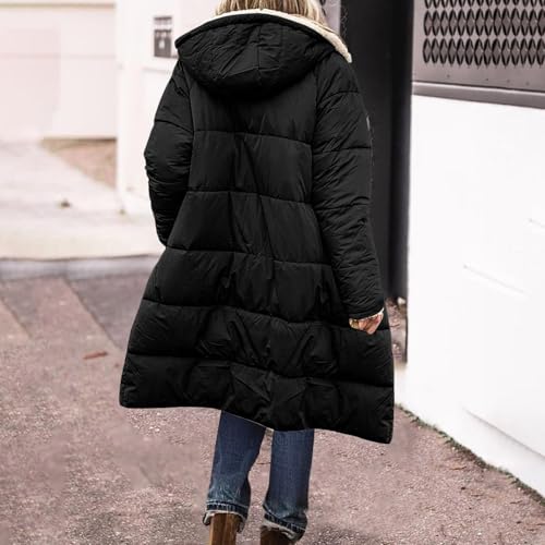 Generisch Wintermantel Damen Lang Warm Gefüttert Kapuzenmantel Reversibel Sherpa Fleece Lang Pufferjacken mit Kapuze Frauen Winterjacke Outdoorjacke Steppmantel Übergang Parka Oversize Fleecemantel