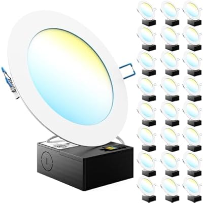 Sunco 24 Pack 6 Inch Ultra Thin LED Recessed Ceiling Lights Smooth Trim Selectable CCT 2700K/3000K/3500K/4000K/5000K Dimmable 14W=100W Wafer Thin Canless with Junction Box