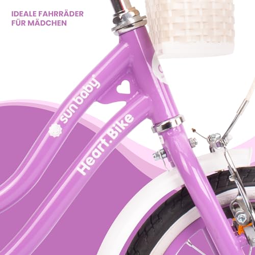 sun baby Heart Bike Kinderfahrrad für Mädchen 14 Zoll, ab 3 Jahre, mit Stützrädern, Abnehmbarer Schubstange, Korb, Klingel, Rücktrittbremse & V-Brake (Violett, 14 Zoll)