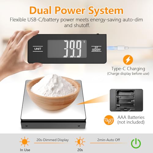 Image of Digital Food Scale with Detachable Display, 11lb /5kg, Metallic Black 1g Precision, Tare Function & Backlit LCD, Stainless Steel, Ideal for Baking, Cooking and Meal Prep